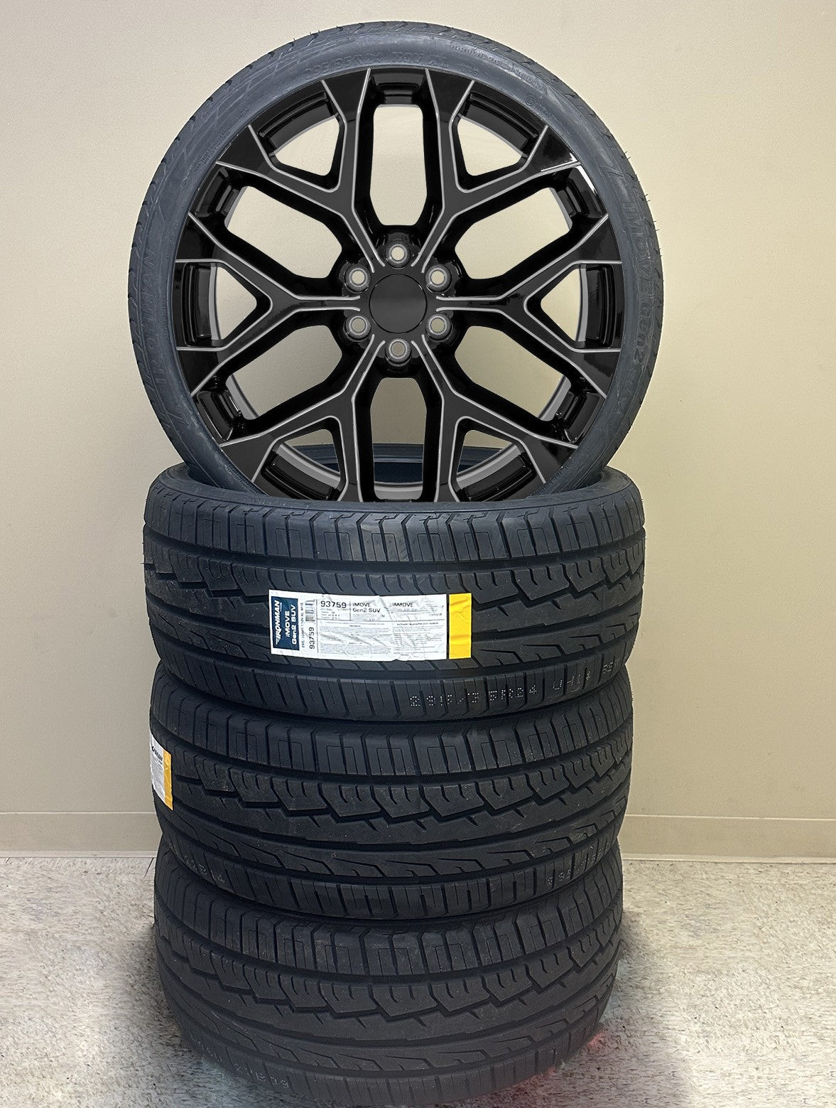 24" Gloss Black Milled Snowflake Wheels All Season Tires TPMS GMC Sierra Yukon1