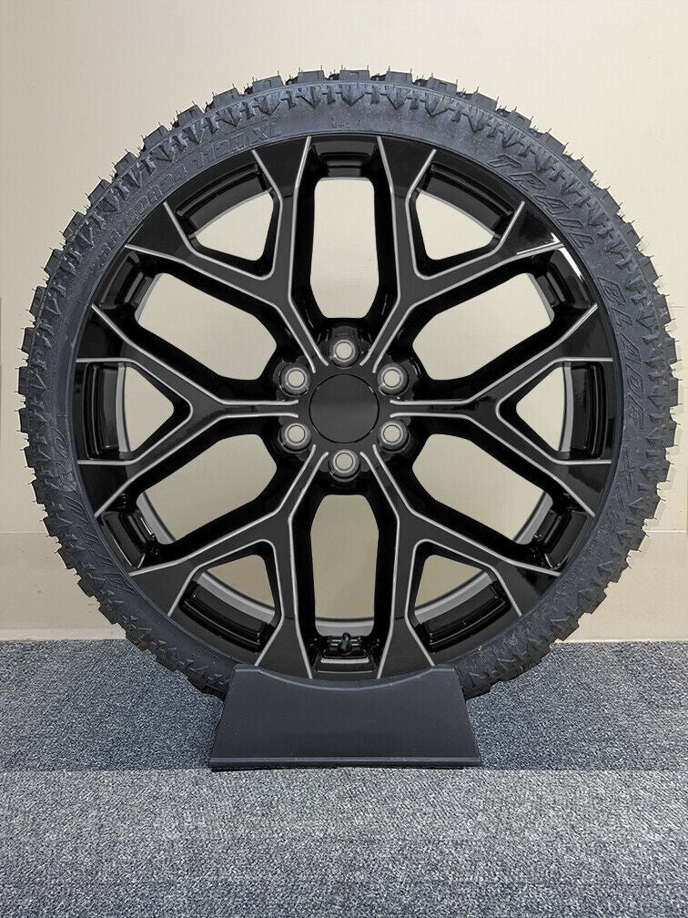 24" Gloss Black Milled Snowflake Wheels All Terrain Tires TPMS GMC Sierra Yukon1