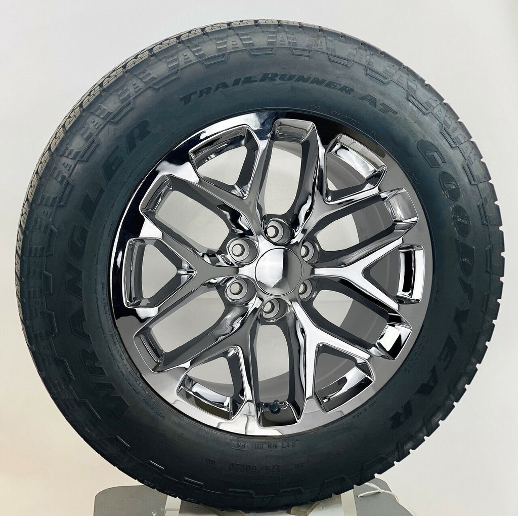 20" Chrome Snowflake NEW Wheels Goodyear AT Takeoff Tires TPMS GMC Sierra Yukon0