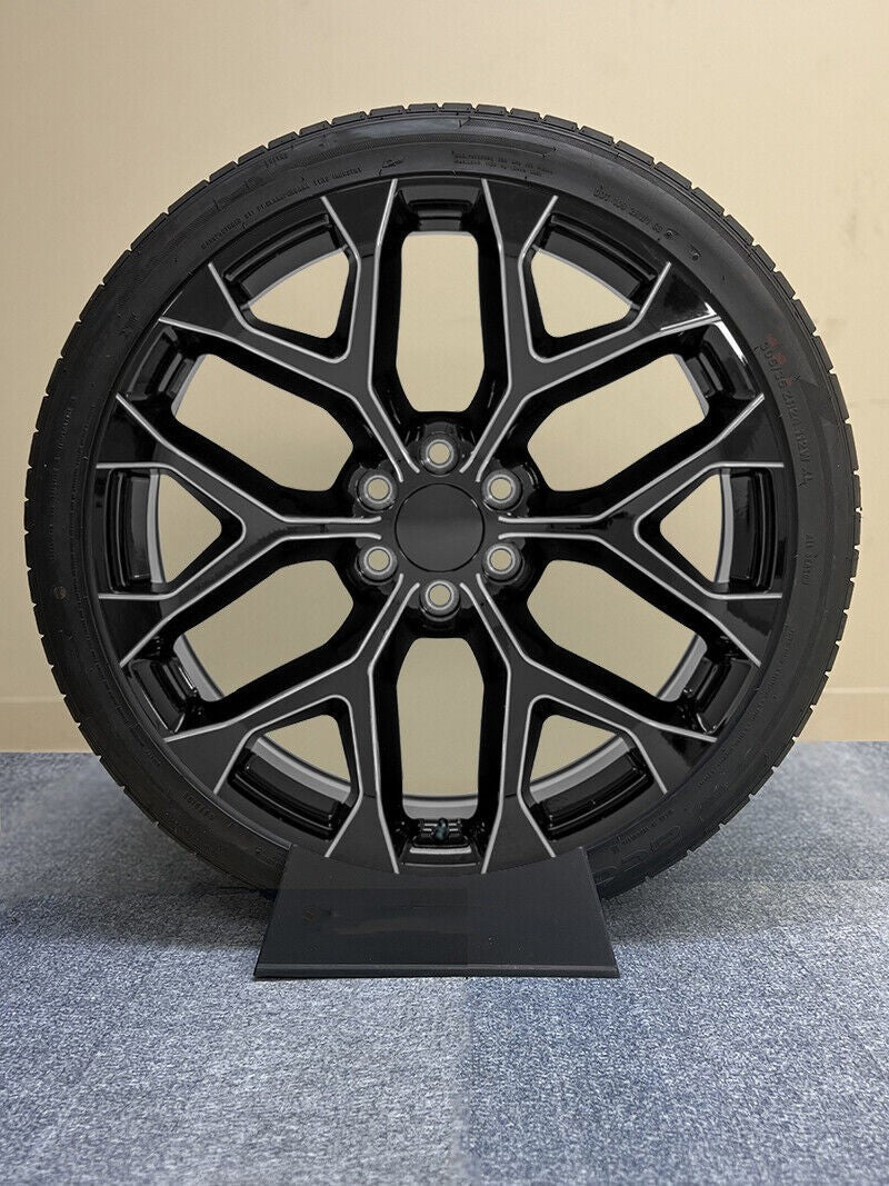 24" Black Milled Edge Snowflake Wheels 305/35R24 Tires TPMS GMC Sierra Yukon1