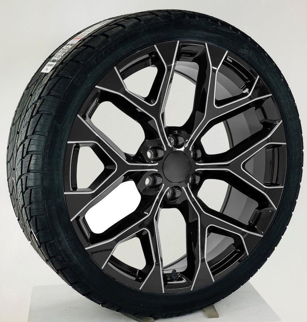 24" Gloss Black Milled Snowflake Wheels All Season Tires TPMS GMC Sierra Yukon0