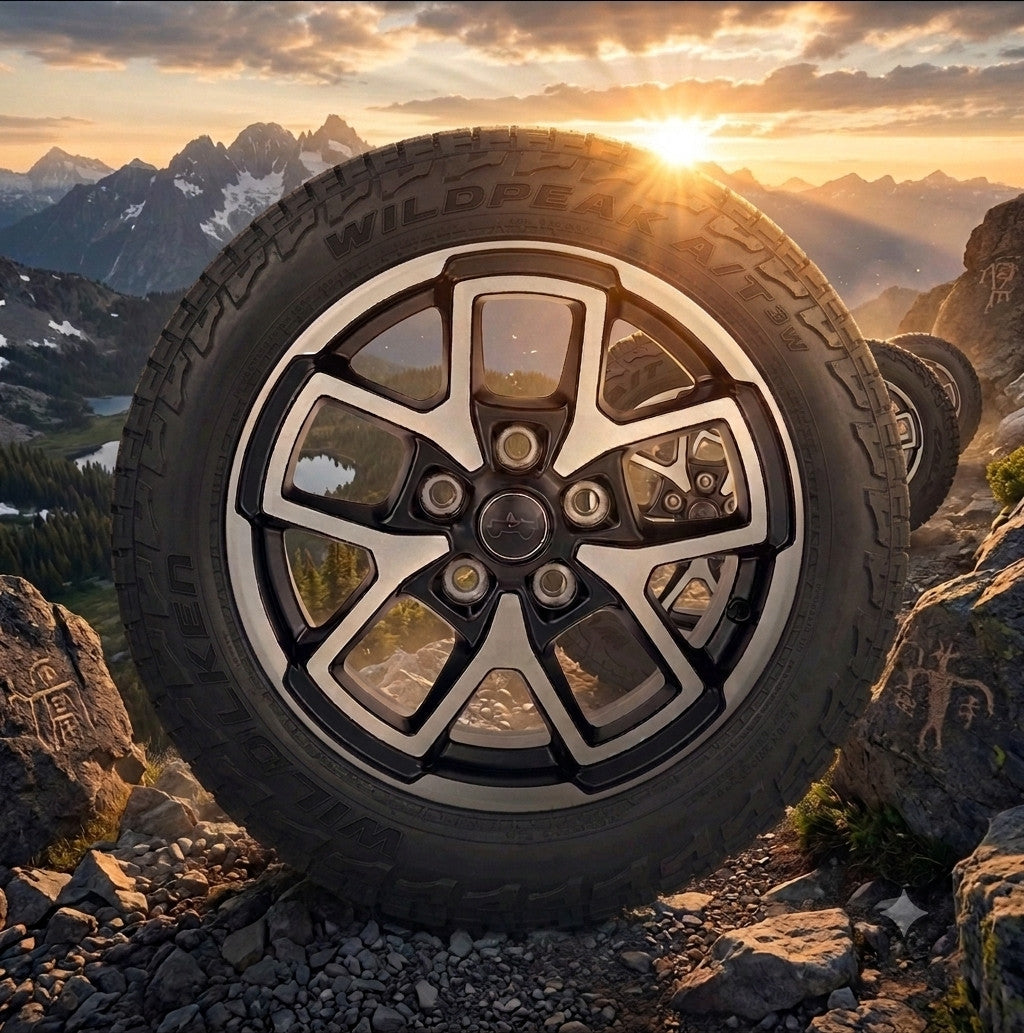 New Takeoff Jeep Wrangler 17" Black Machine OEM Wheels Falken AT Tires Set Of 511