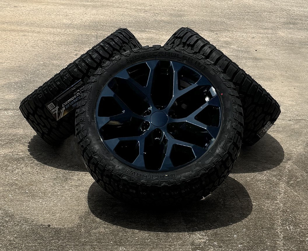 22" Gloss Black Snowflake Wheels 33X12.50 R/T Terra Storm Tires Chevy Silverado0