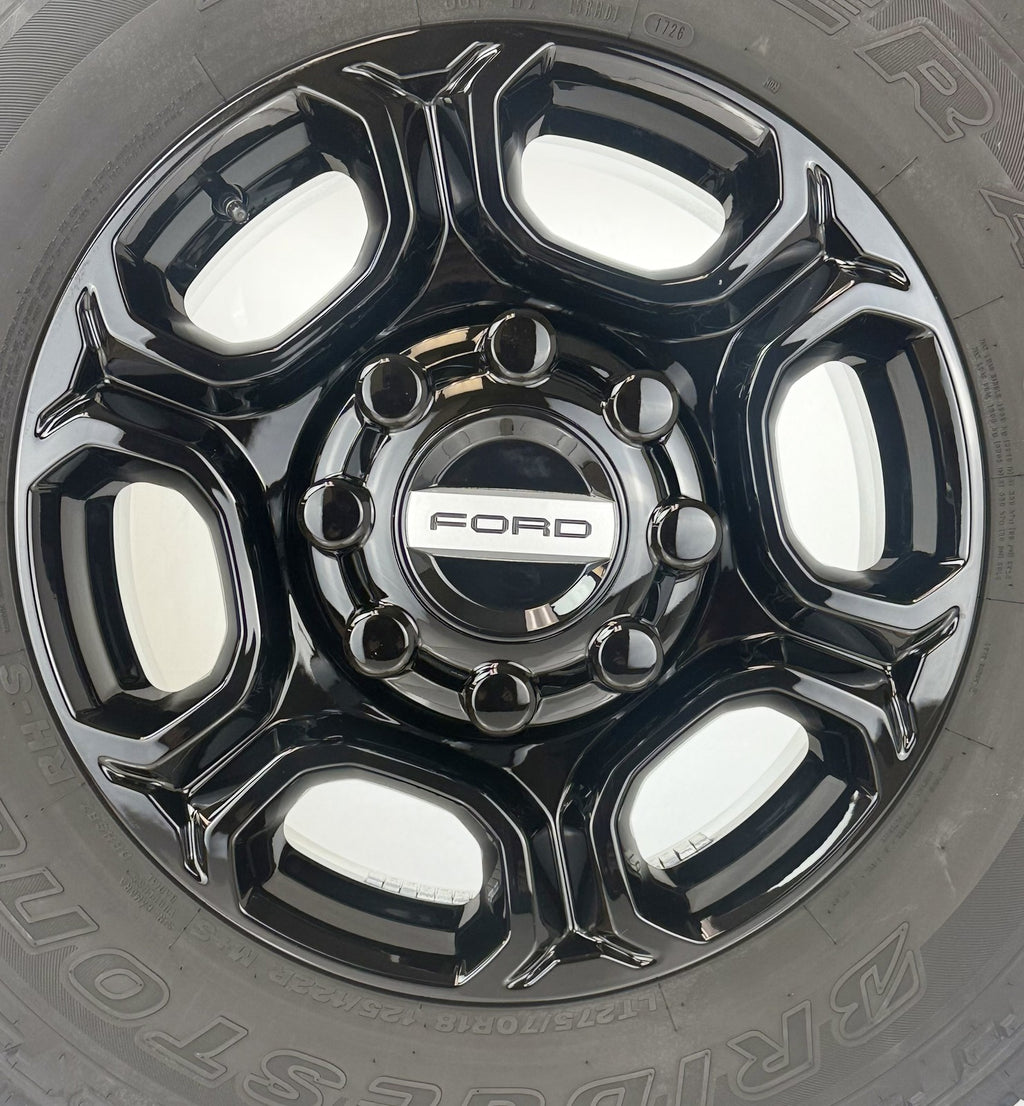 Ford F250 F350 18" Gloss Black OEM Wheels Bridgestone A/T Tires New Takeoff TPMS7