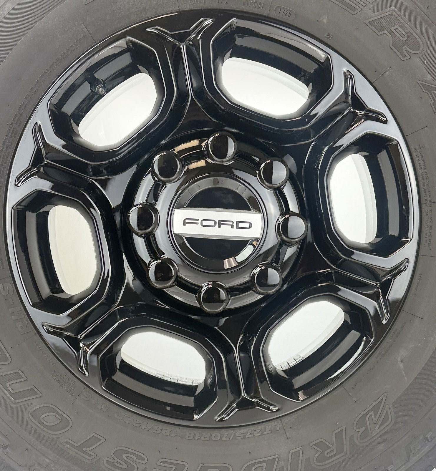 Ford F250 F350 18" Gloss Black OEM Wheels Bridgestone A/T Tires New Takeoff TPMS7