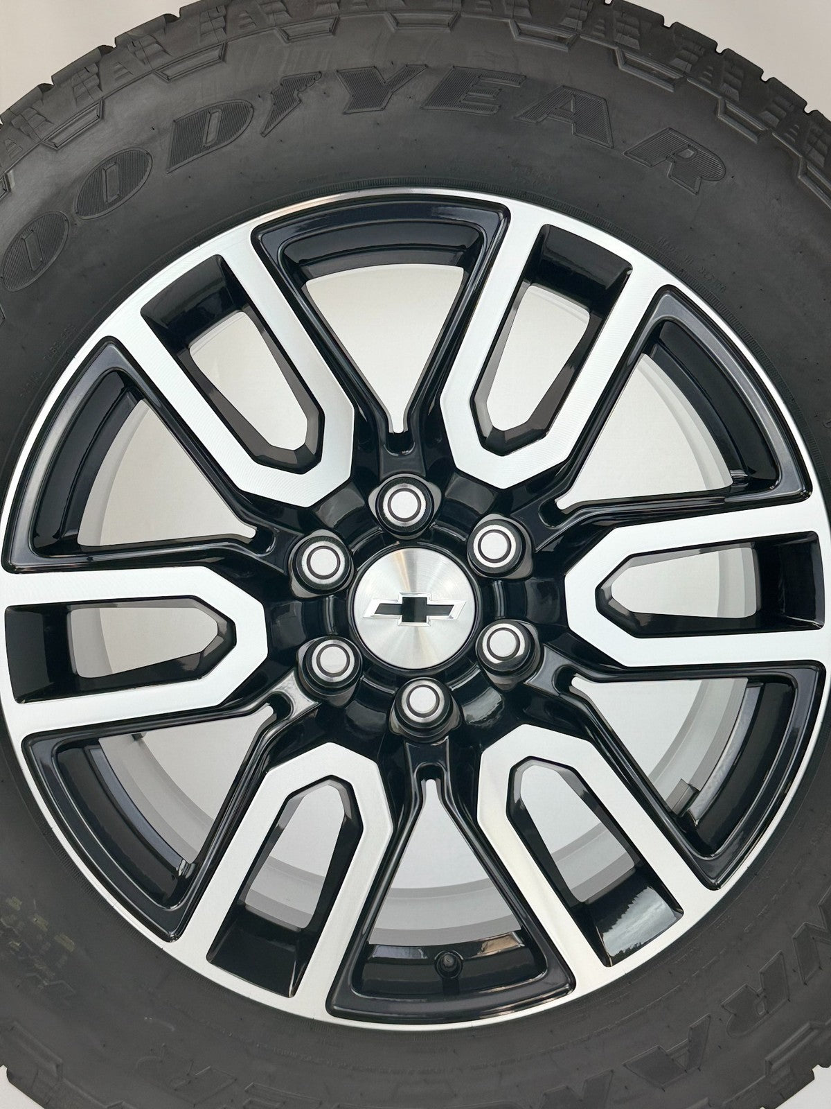 20" Chevy Silverado Tahoe Black And Machine OEM Wheels Goodyear AT Tires TPMS4