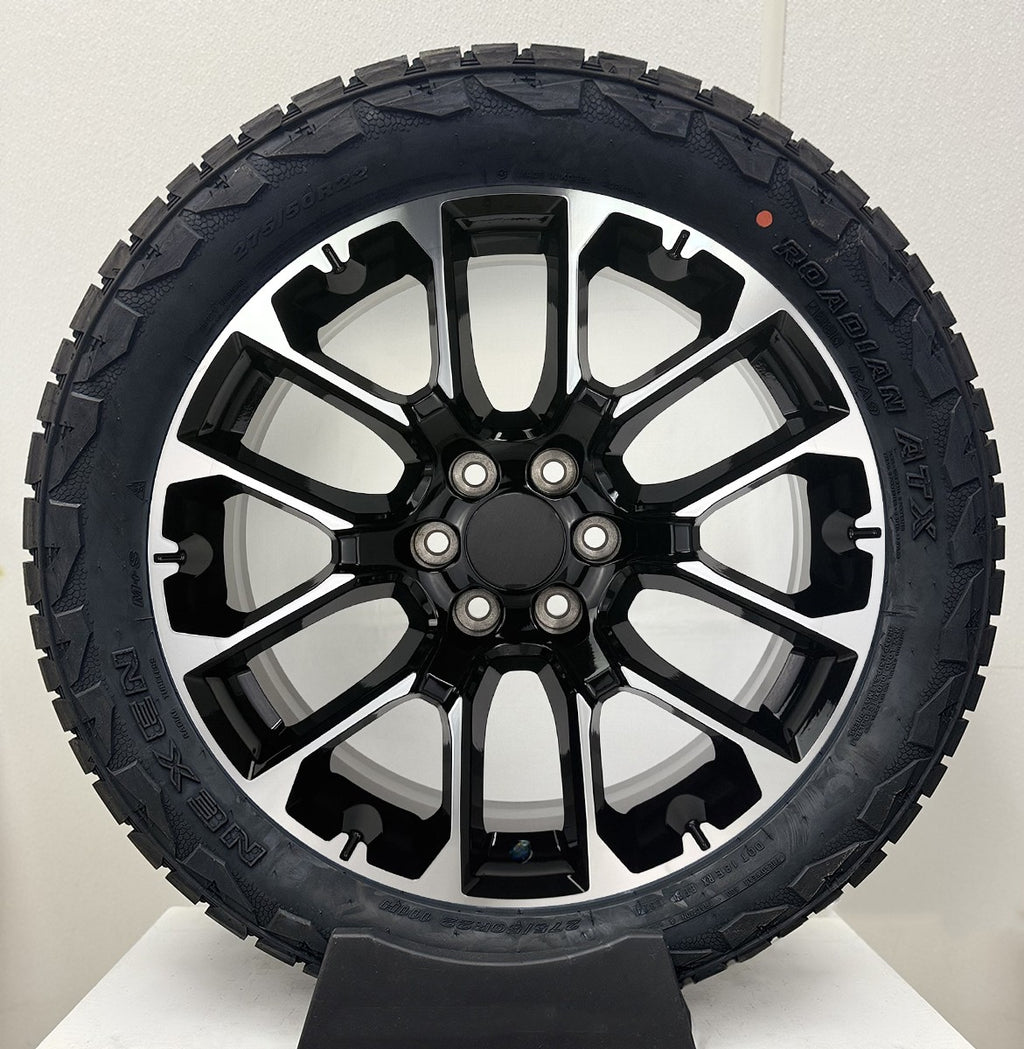 22" Machine and Black Wheels 275/50R22 A/T Tires Chevy Silverado Tahoe Suburban0