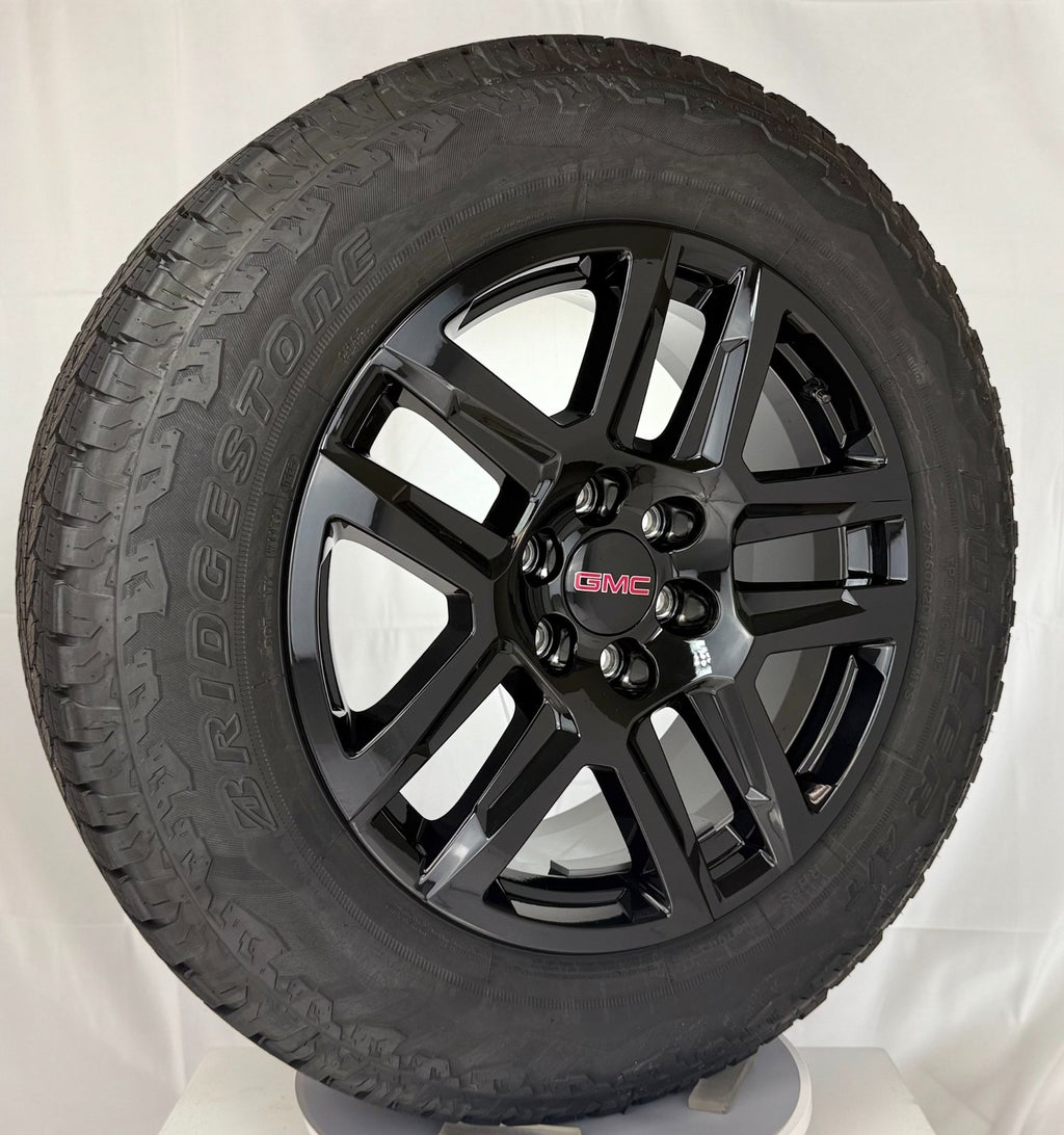 20" GMC Sierra Yukon Gloss Black OEM Wheels Bridgestone AT Tire TPMS LUG NUT2