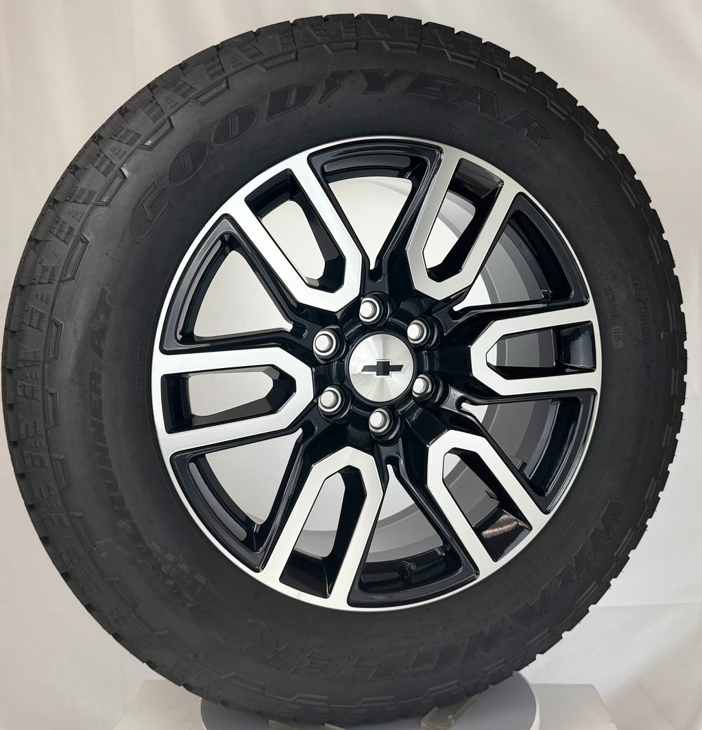 20" Chevy Silverado Tahoe Black And Machine OEM Wheels Goodyear AT Tires TPMS2