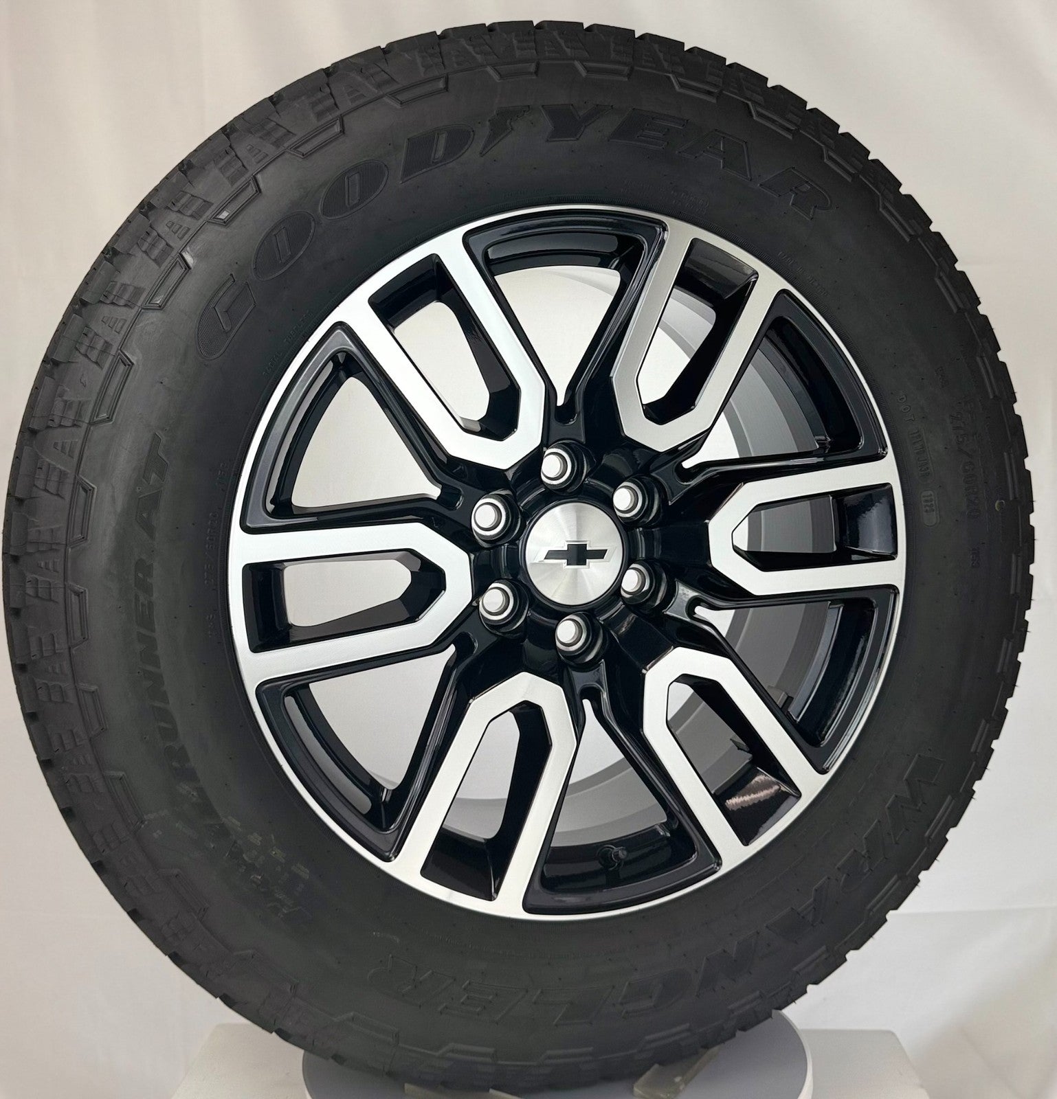 20" Chevy Silverado Tahoe Black And Machine OEM Wheels Goodyear AT Tires TPMS2