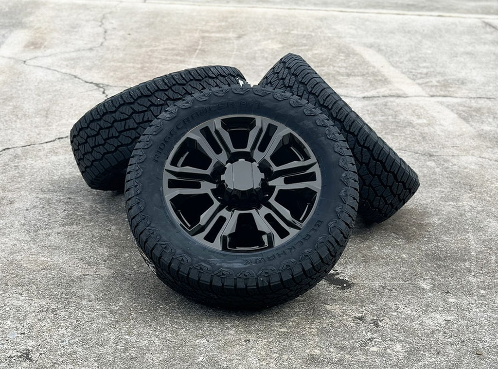 2011-2026 Chevy Silverado 2500 Black Split Spoke 20" 8-180 Wheels 265/60R20 A/T0