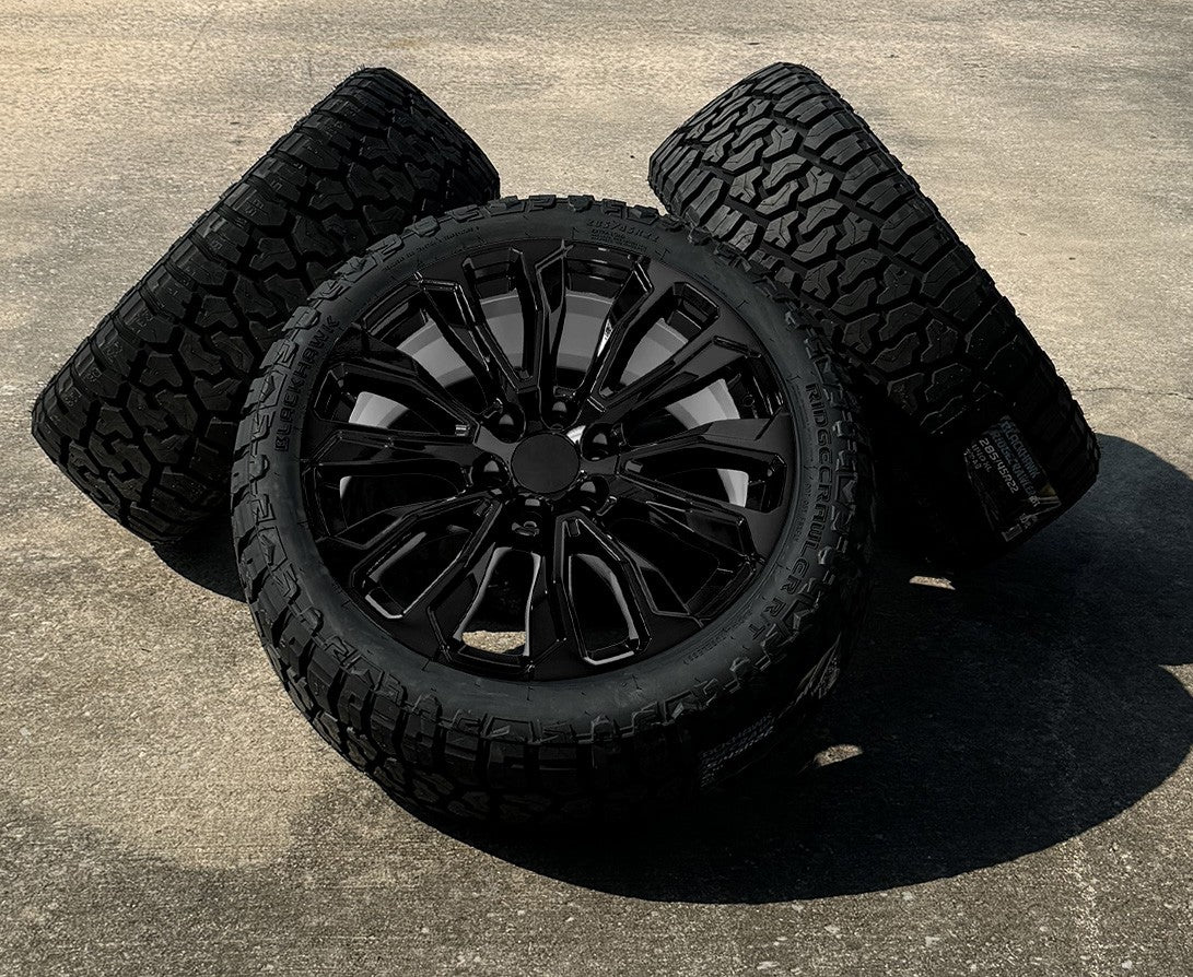 Gloss Black Denali 22" CV30 Wheels Blackhawk R/T Tires GMC Sierra Yukon New Set1
