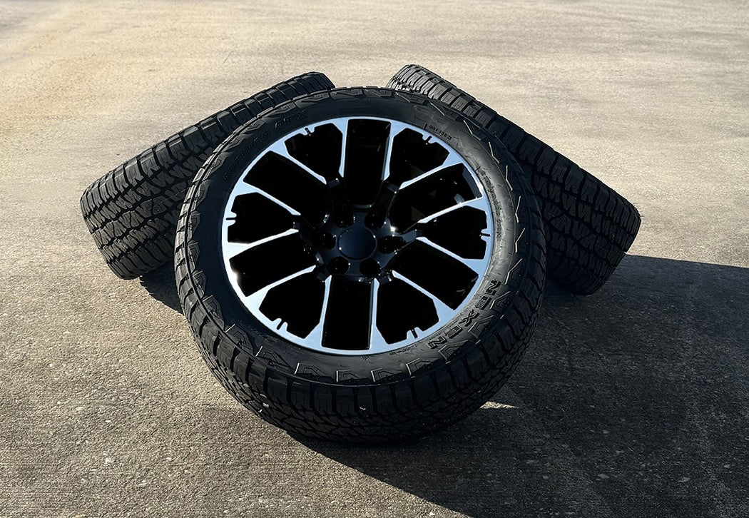 22" Machine and Black Wheels 275/50R22 A/T Tires Chevy Silverado Tahoe Suburban1