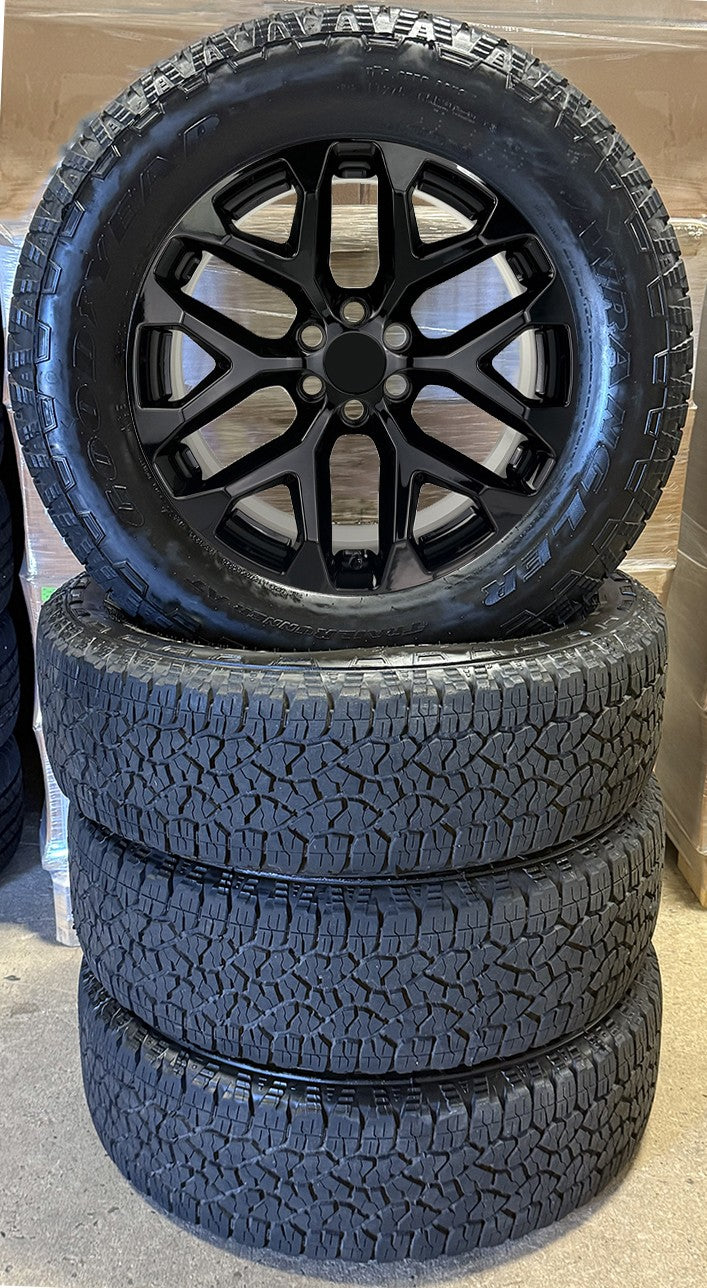 Chevy Silverado 20" Gloss Black Snowflake NEW Wheels Goodyear AT Takeoff Tires0