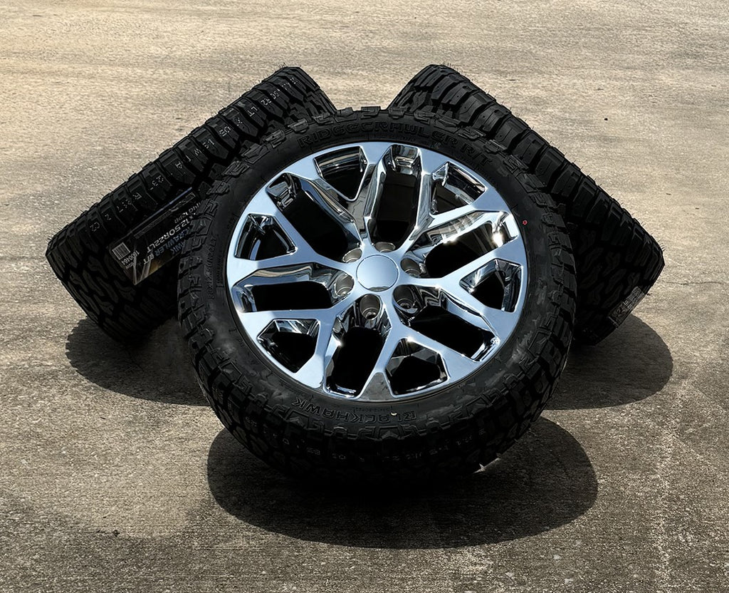 Chrome Snowflake 22" Wheels 33X12.50R22 Blackhawk RT Tires GMC Sierra Yukon0