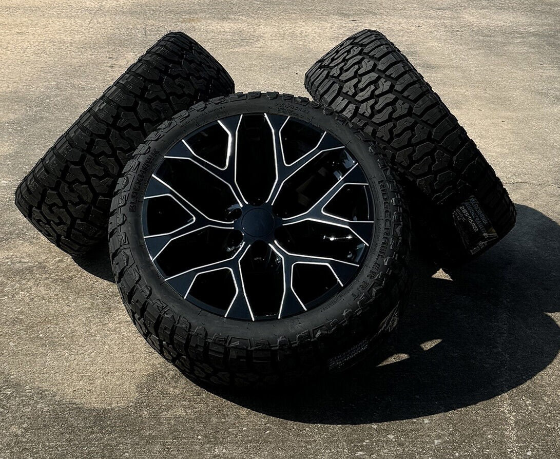 Black Milled Edge Snowflake 22" Wheels Blackhawk R/T Tires GMC Sierra Yukon0