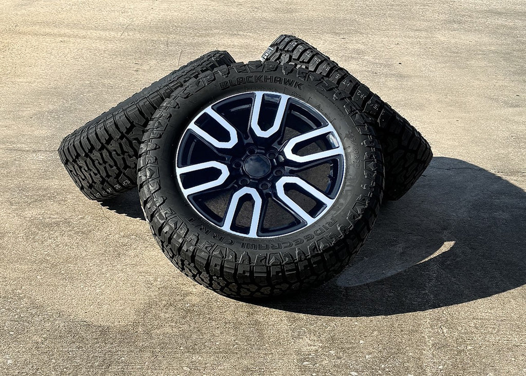 20" Black and Machine AT4 Style Wheels Rugged Terrain Tires GMC Sierra Yukon SET1