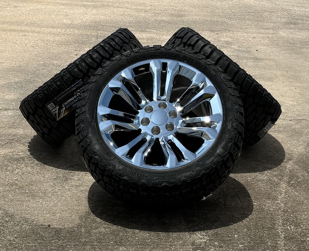 Chrome 7 Split Spoke 22" Wheels 33X12.50R22 Blackhawk R/T Tires Chevy Silverado0