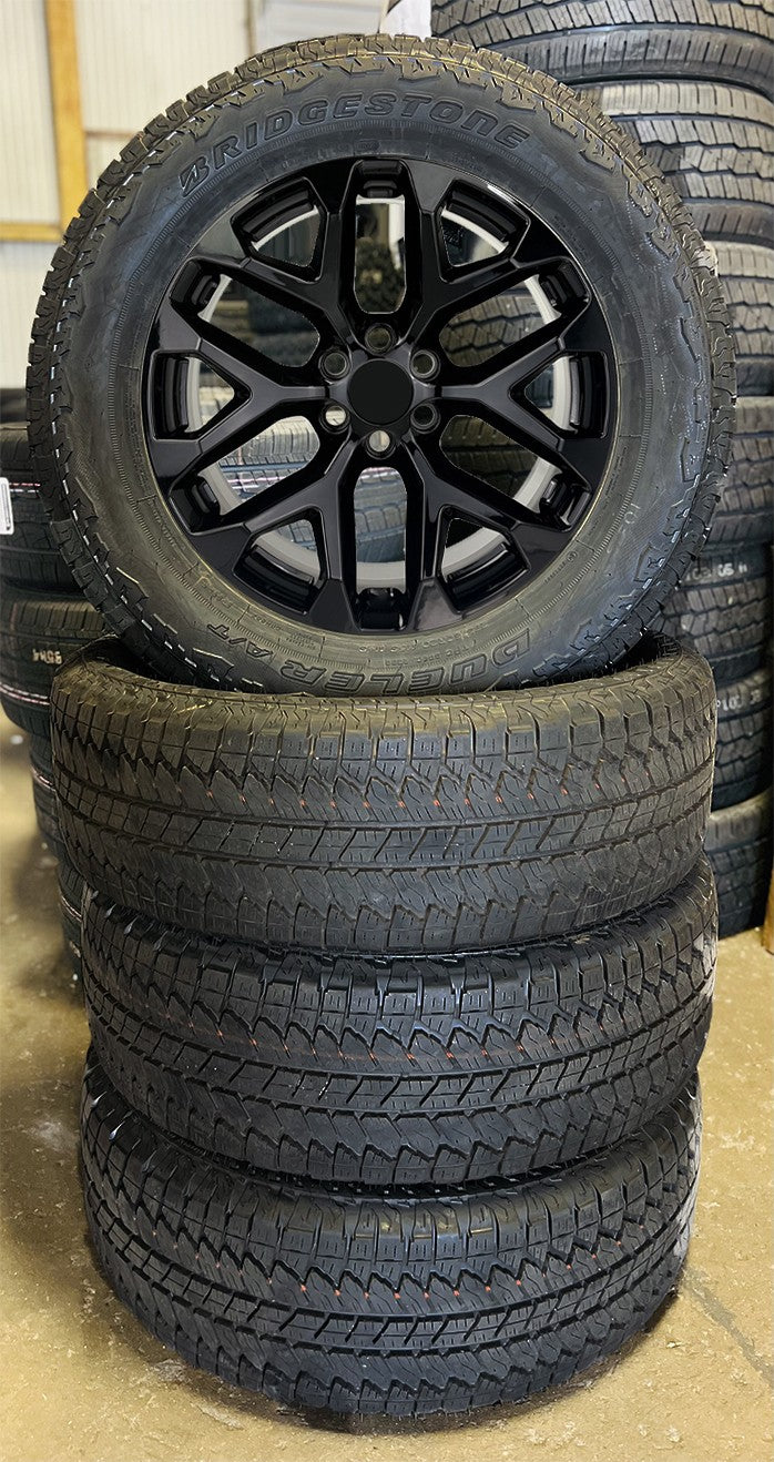 Chevy Silverado 20" Gloss Black Snowflake NEW Wheels Bridgestone AT Takeoff Tire0