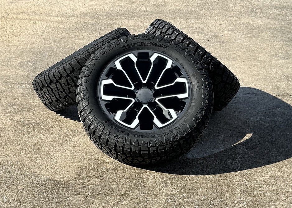 Chevy Silverado Tahoe 20" Black & Machine Wheels Blackhawk Rugged Terrain Tires1