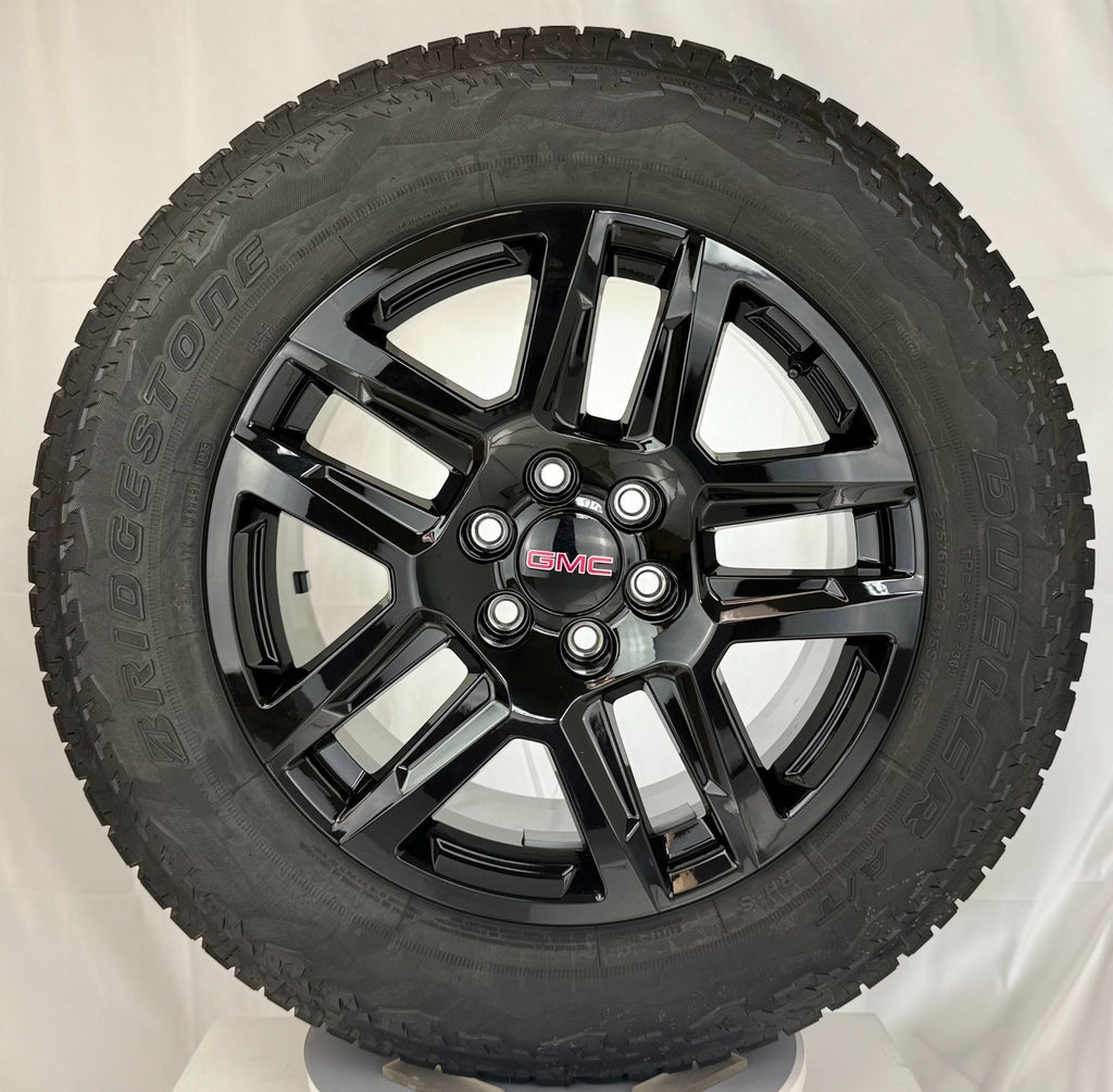 20" GMC Sierra Yukon Gloss Black OEM Wheels Bridgestone AT Tire TPMS LUG NUT0