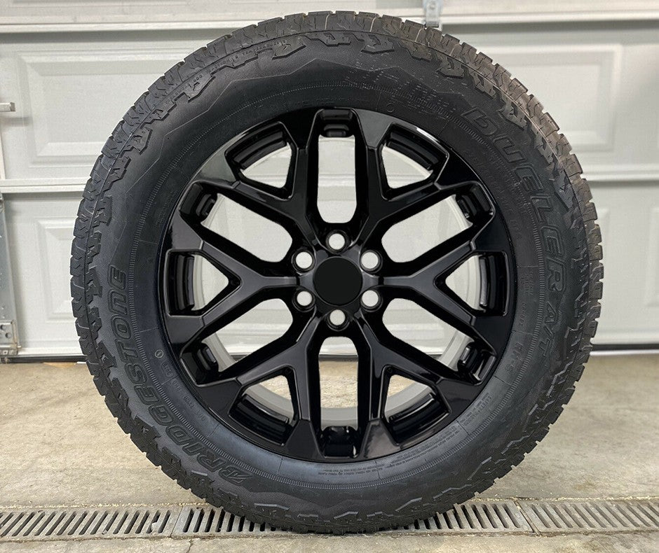 Chevy Silverado 20" Gloss Black Snowflake NEW Wheels Bridgestone AT Takeoff Tire1
