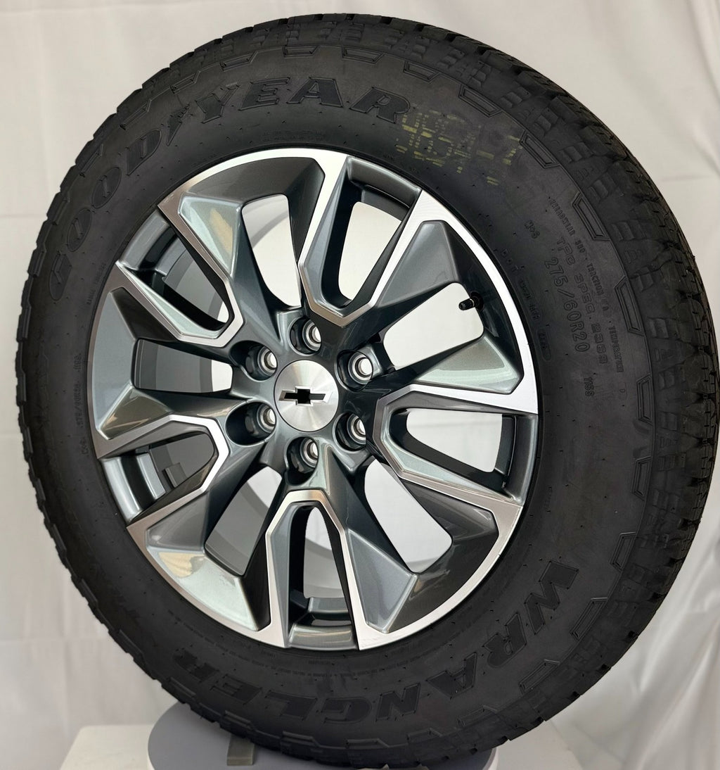 20" Chevy Silverado Gunmetal OEM Wheels Goodyear A/T Tire TPMS LUG NUT 2000-20266