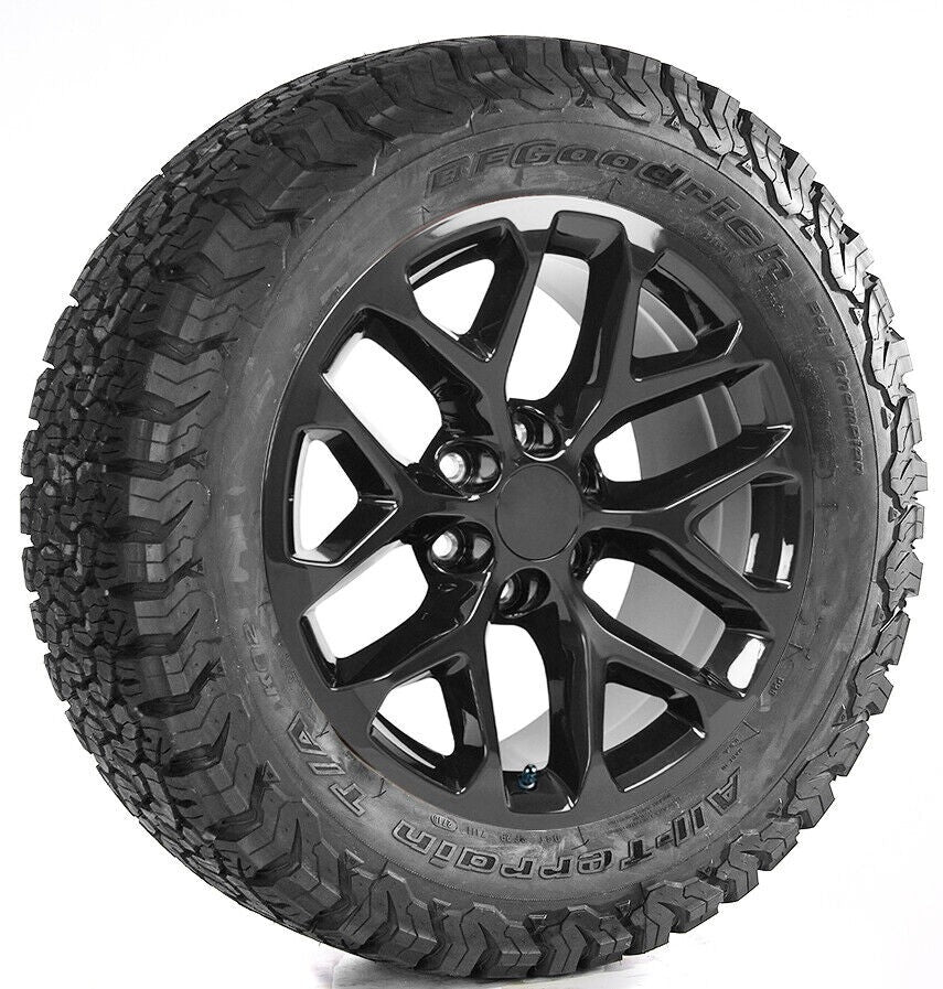 Chevy 20" Snowflake Gloss Black Wheels 275/55R20 BFGoodrich A/T Tires Silverado0
